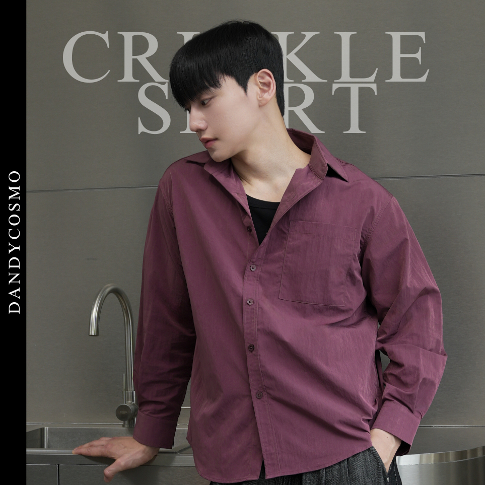 DANDY COSMO |[3สี] เสื้อเชิ้ตผู้ชาย Velcor Cotton-Nylon Crinkle Shirt ทรงโอเวอร์ไซซ์ ผ้า Cotton ผสมไนลอนพรีเมียม