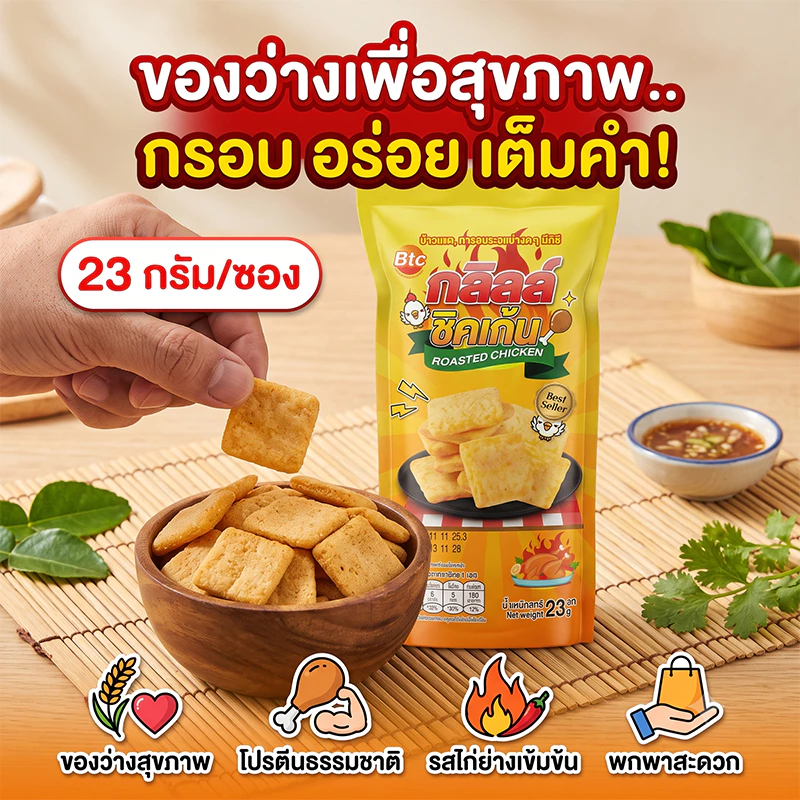 BTC ข้าวโพดอบกรอบ รสไก่ย่าง ตรา บีทีซี ขนมทานเล่น กรอบอร่อย หอมกลิ่นไก่ย่าง ขนาด 23 กรัม