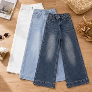 FLAER Denim Studio ส่งจากไทย กางเกงยีนส์ผู้หญิงเอวสูง 9 ส่วน ขากระบอกตรง ทรงหลวม สีฟอกวินเทจ มีหลายสี พรางหุ่น ใส่สบาย