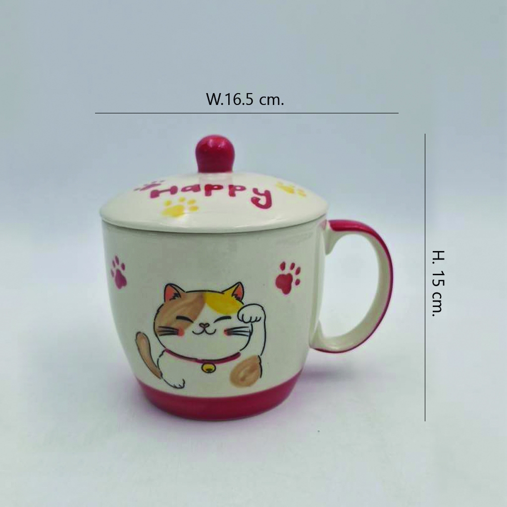 ถ้วยเซรามิค ถ้วยหูจับเซรามิค ฝาปิดเซรามิค ลายแมวกวัก ขนาด กว้าง 16.5เซน สูง 15.0เซน