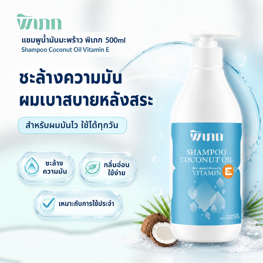 แชมพูน้ำมันมะพร้าว พิเภก 500ml Vitamin E ผมมันไว สระแล้วเบาสบาย