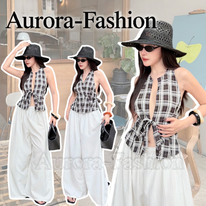 Aurora พร้อมส่ง (รูปถ่ายจากงานจริง) เสื้อกั๊กลายตารางไร้แขน ปกคอเล็ก ผูกโบว์หน้าอกทรงครอปโชว์เอว สไตล์เซ็กซี่