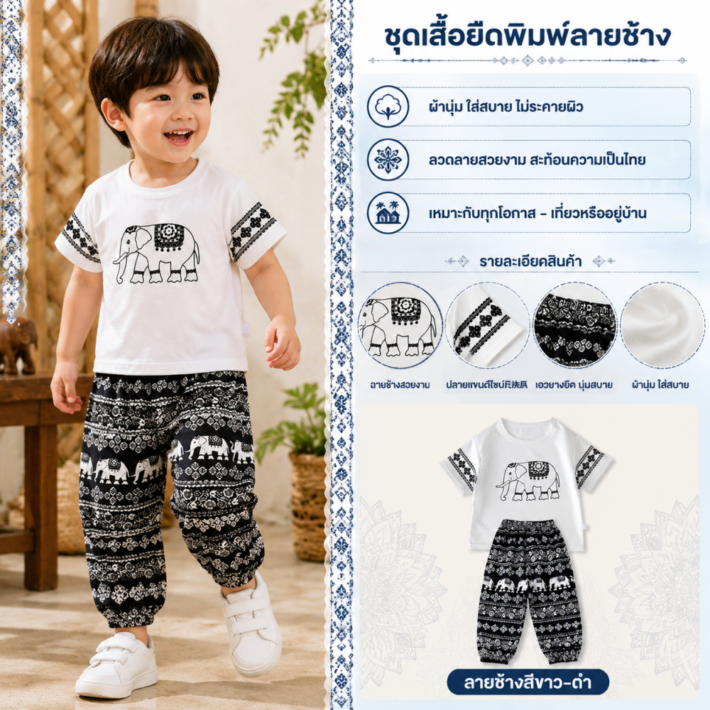ชุดเสื้อแขนสั้นเด็กชายลายช้างสไตล์ไทย ผ้านุ่มใส่สบาย กางเกงขายาวขอบข้อเท้า สีขาวดำ 1-7ปี
