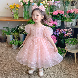 PRINCESS KESLI 2-12 ปี เดรสเด็กหญิง ชุดเดรสเด็กผู้หญิง ชุดเจ้าหญิงลายดอก สไตล์เกาหลี ชุดสั้นแขนฟู ผ้าตาข่าย