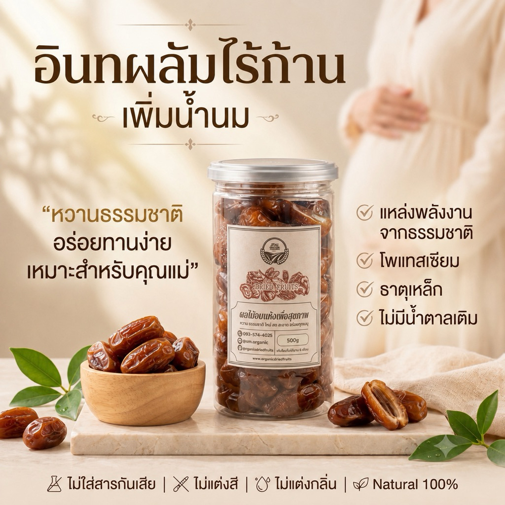 อินทผลัมเพิ่มน้ำนม เดกเลทนัวร์ไร้ก้าน สำหรับคุณแม่ตั้งครรภ์ คัดคุณภาพ เนื้ออวบ นุ่มฉ่ำ ฝาซีลสีเทา 500g [สวนOrganic]
