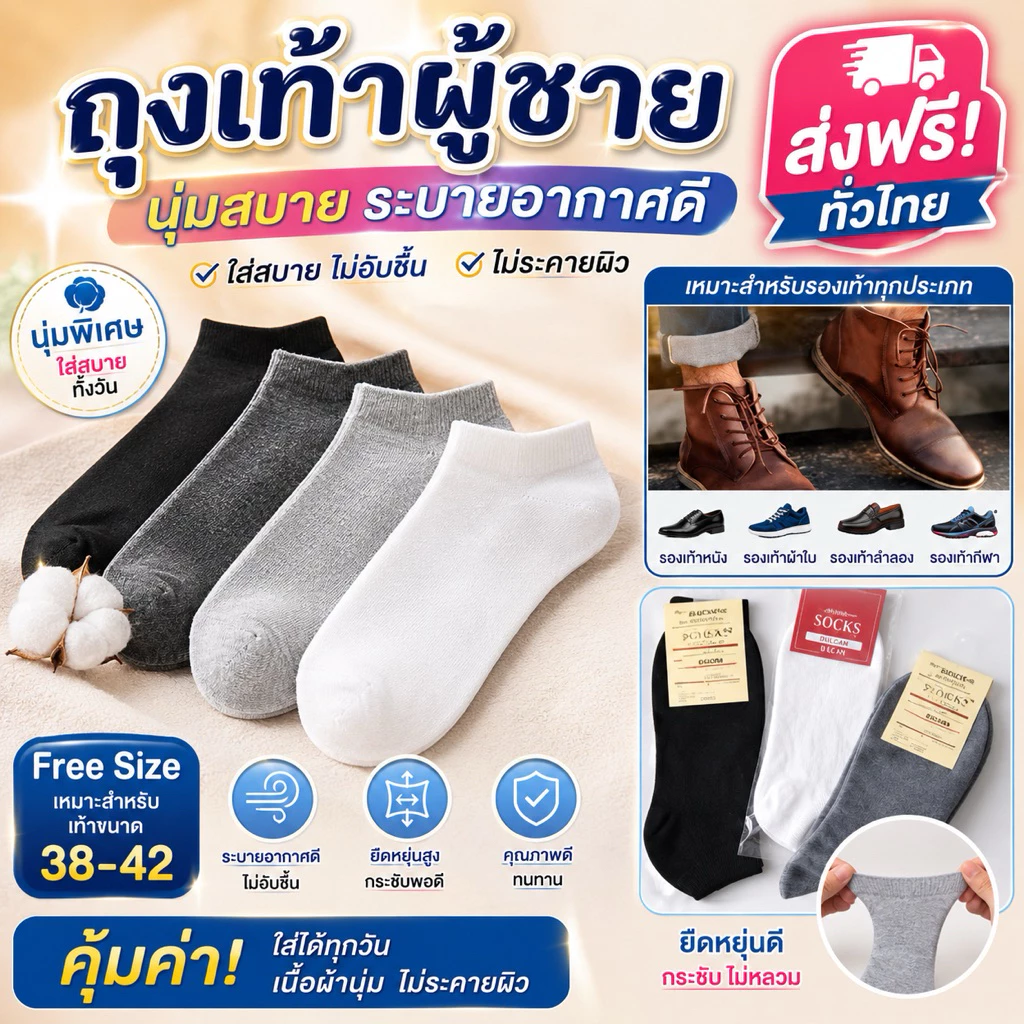 PrettyLady Shop (A60 )ถุงเท้าผู้ชาย cotton นิ่ม ไม่ยวย (เครื่องแต่งกายผู้ชาย)
