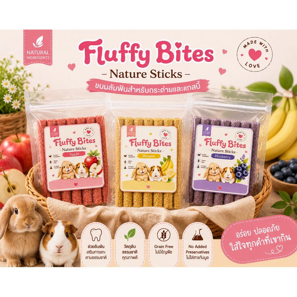 ขนมลับฟันแบบแท่ง Fluffy Bites | สำหรับกระต่าย แกสบี้ และสัตว์ฟันแทะ