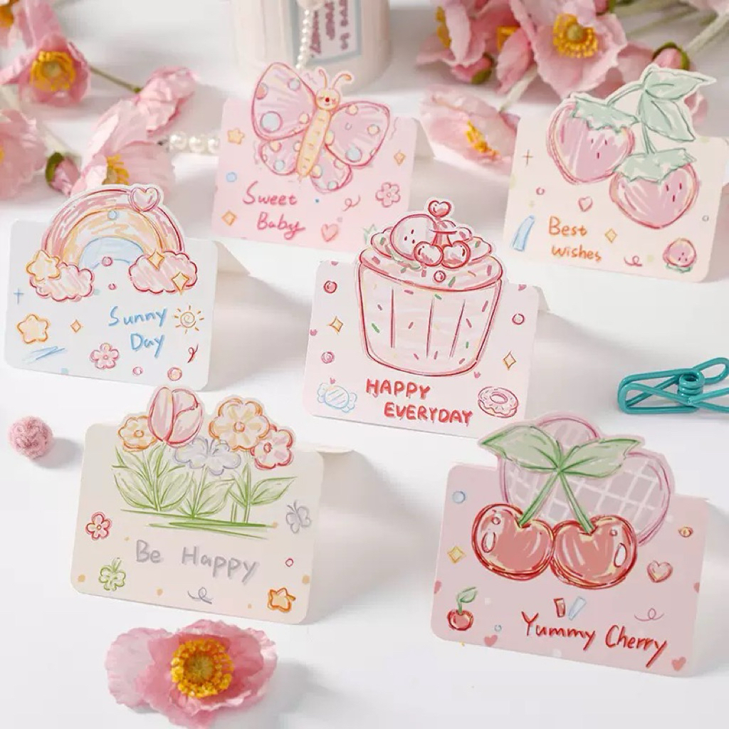 แบบ C7: ✨ การ์ดอวยพรมินิมอล สไตล์เกาหลี ลายวาดมือน่ารักๆ Greeting Card สำหรับทุกโอกาส ชุด “ละอองความสุข” การ์ดจิ๋ว