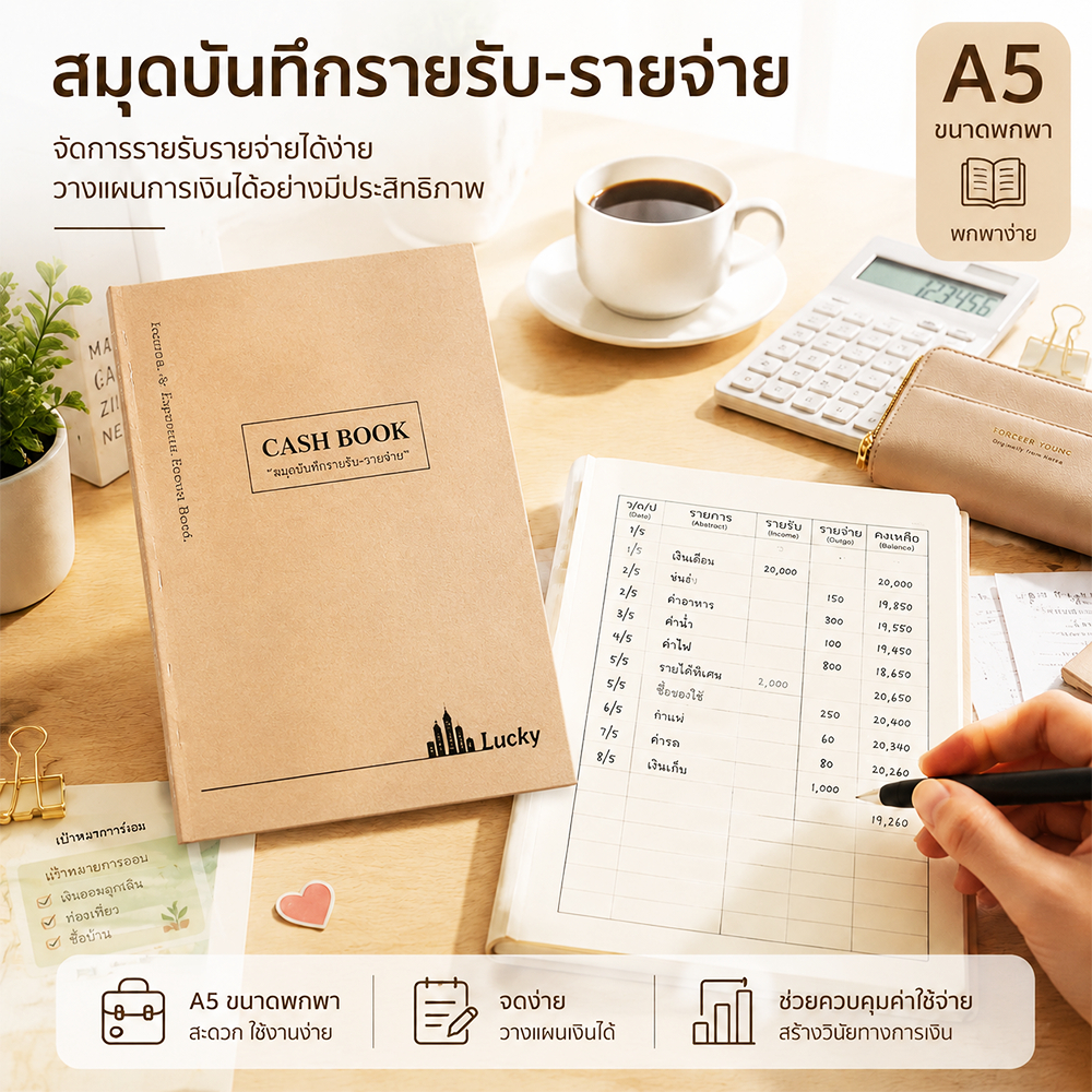 สมุดบันทึกรายรับรายจ่าย Cash Book A5 สมุดบัญชีรายรับรายจ่าย บันทึกค่าใช้จ่าย วางแผนการเงิน สมุดจดบัญชี เย็บเล่มแข็งแรง