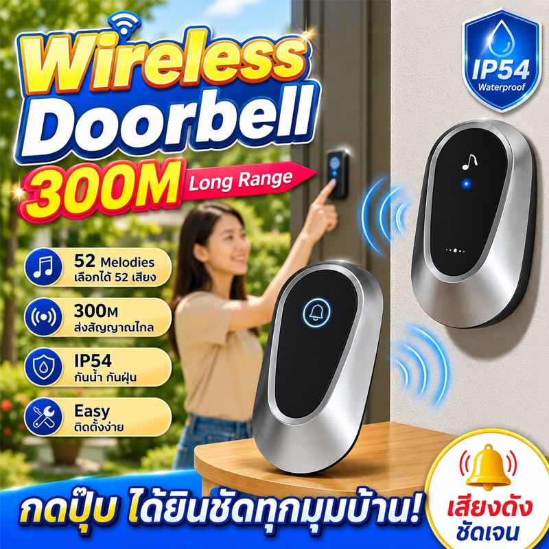 กริ่งประตูไร้สาย กันน้ำ IP54 กระดิ่งประตูบ้าน เสียงดังชัด ติดตั้งง่าย ใช้งานได้ไกล สำหรับบ้าน คอนโด ร้านค้า