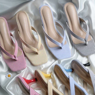 YOURSHOES N50 / รองเท้าส้นสูง 2.7นิ้ว รองเท้าหูหนีบ รองเท้าผ้าลายทาง