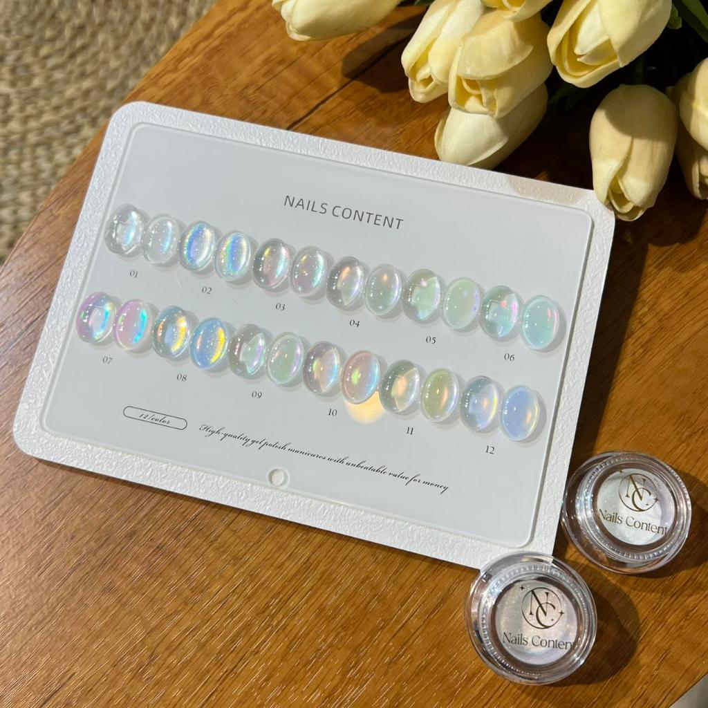 Aurora glass 12 สี ผงขัดเล็บ Nailscontent   พร้อมชาร์ต