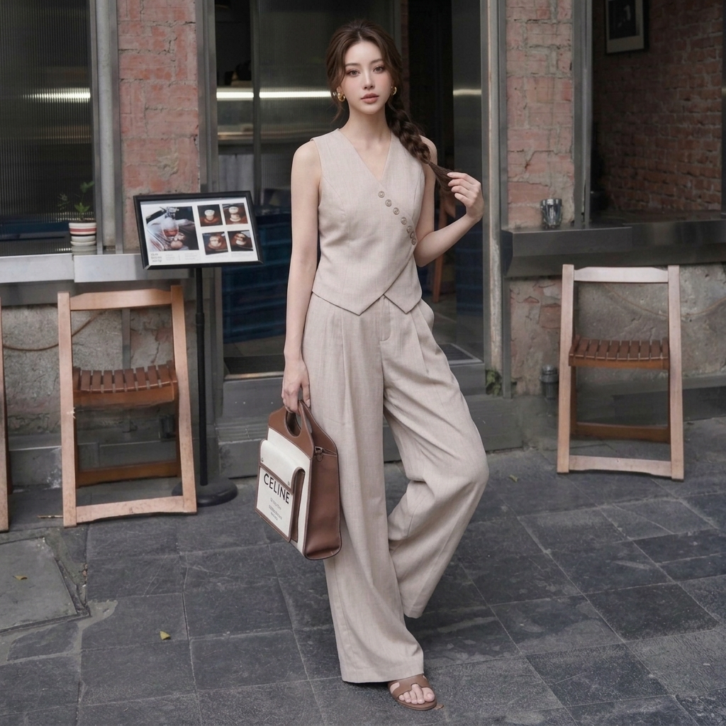 H666 ชุดเซ็ตเสื้อกั๊กคอวี + กางเกงขายาวทรงตรง พรีเมียม