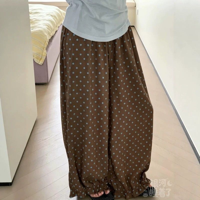กางเกงลายจุดวินเทจ ใส่ไปทะเล เอวสูงผ้าบางไม่ร้อน ทรงขากว้าง ใส่คู่กับเสื้อกล้ามเที่ยวคาเฟ่ สไตล์โคเรียแฟชั่น ใส่สบาย