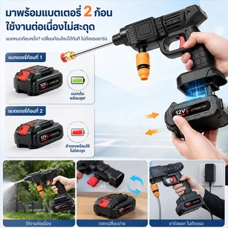 TURBO เครื่องฉีดน้ำแรงดันสูงไร้สาย ปืนฉีดน้ำล้างรถพกพา เครื่องล้างรถและมอเตอร์ไซค์ พร้อมแบตเตอรี่คู่ ใช้งานสะดวก