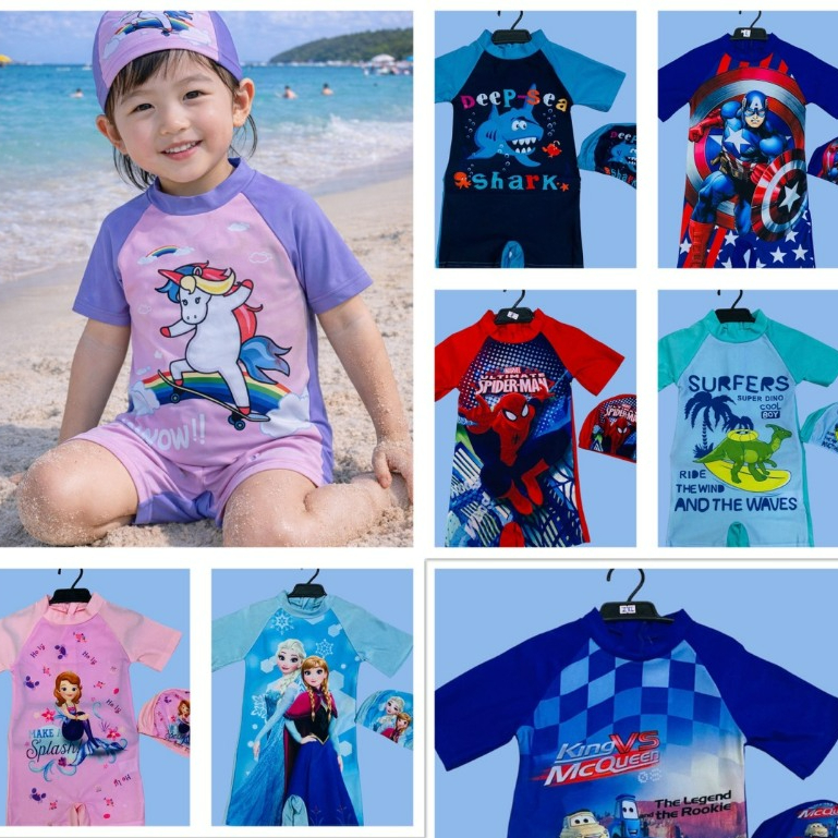 พร้อมส่งในไทย ชุดว่ายน้ำเด็ก+หมวก