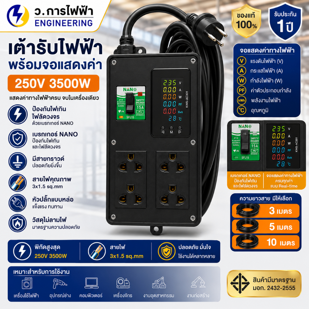 เต้ารับไฟฟ้า 4 ช่อง 250V 3500W พร้อมจอวัดไฟ V/A/W/PF/kWh/°C เบรกเกอร์ NANO สาย VCT 3x1.5sq.mm 3M/5M/