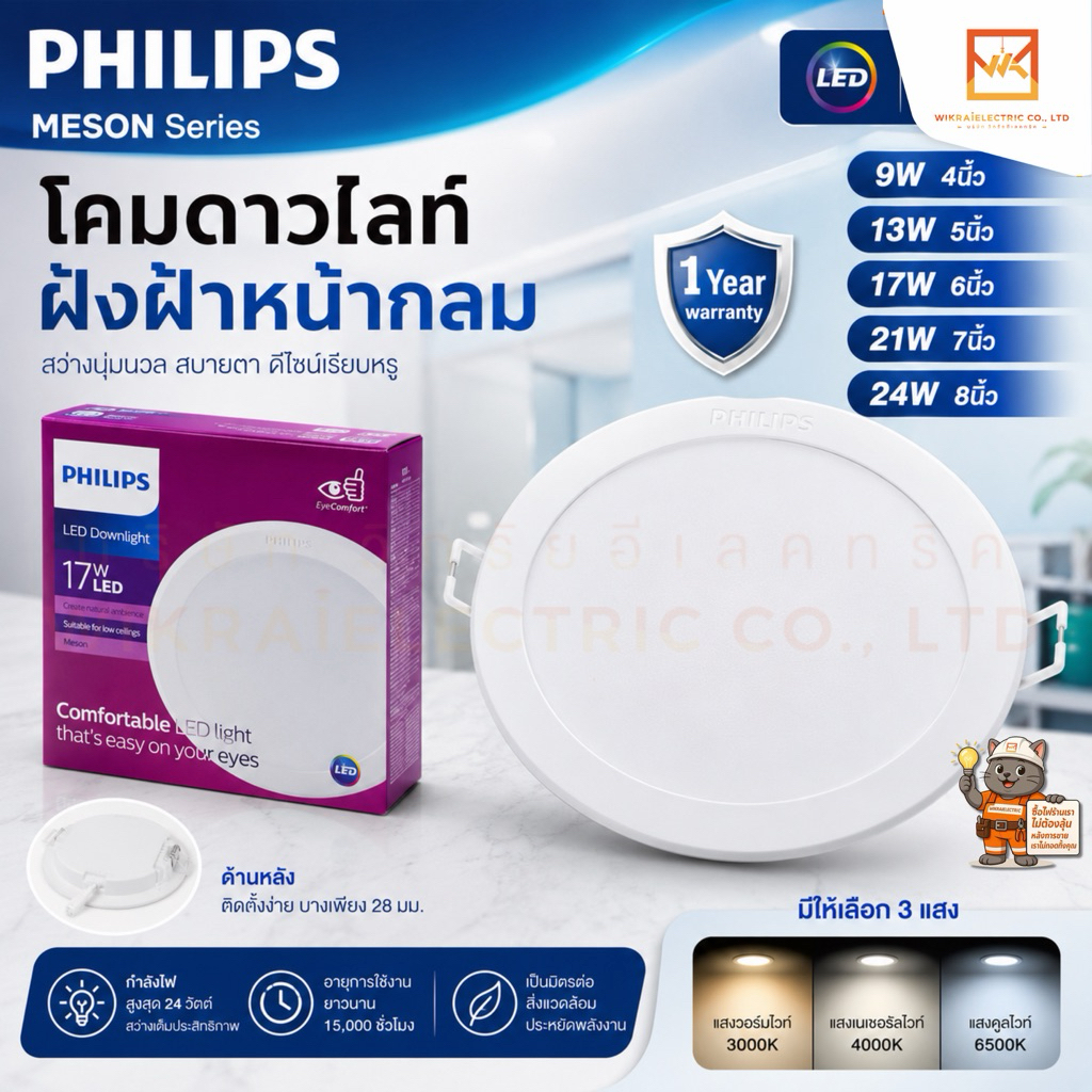 PHILIPS โคมดาวไลท์ฝังฝ้าหน้ากลมฟิลิปส์ แสง 3000K 4000K 6500K รุ่น 59449 59464 59466 59469 59471 Meson 9W 13W 17W 21W 24W