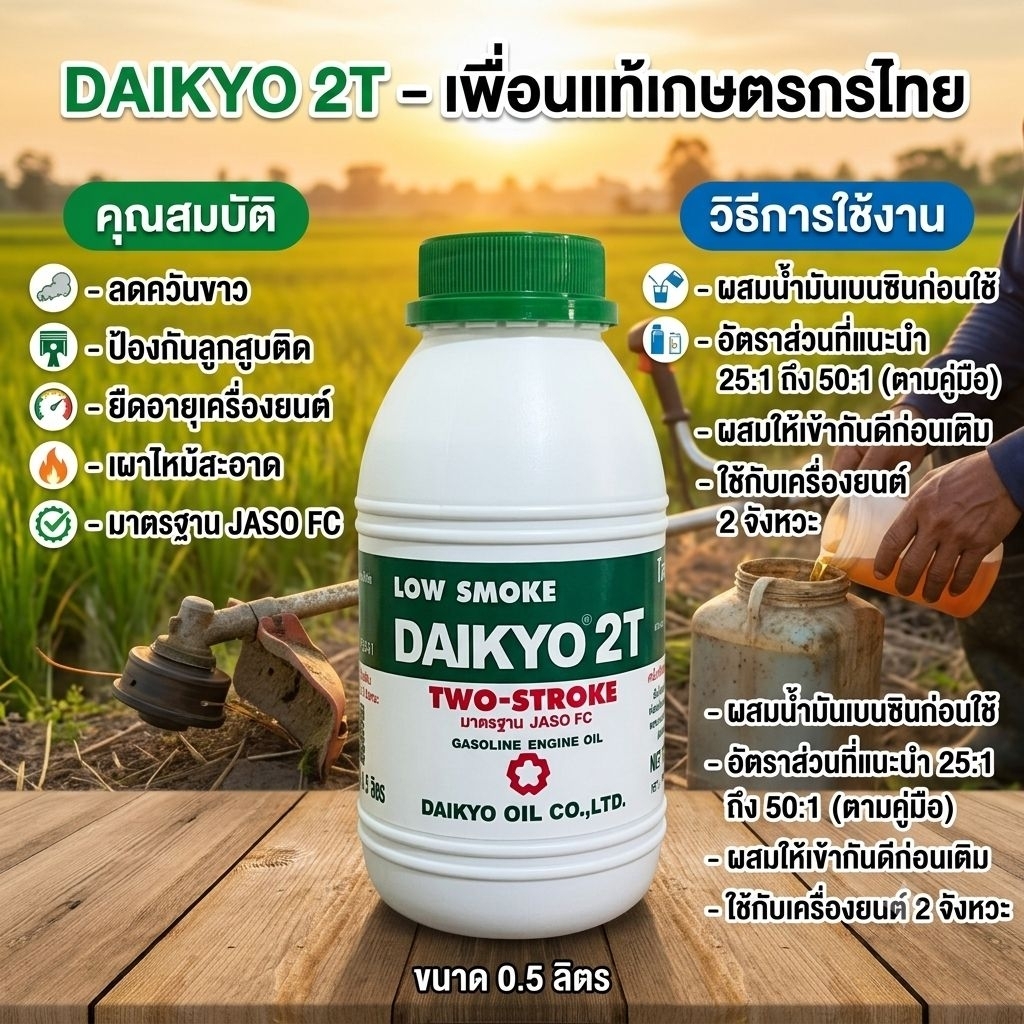น้ำมันออโต้ลูป ไดเกียว 2ที Daikyo 2T (0.5 ลิตร) ควันน้อย สำหรับเครื่องตัดหญ้า เครื่องพ่นยา เลื่อยยนต์ เครื่องยนต์2จังหวะ