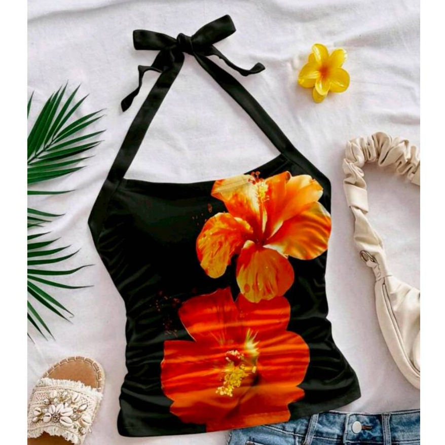 Crop TC25101 เสื้อคล้องคอ ตัวยาว จับจีบ