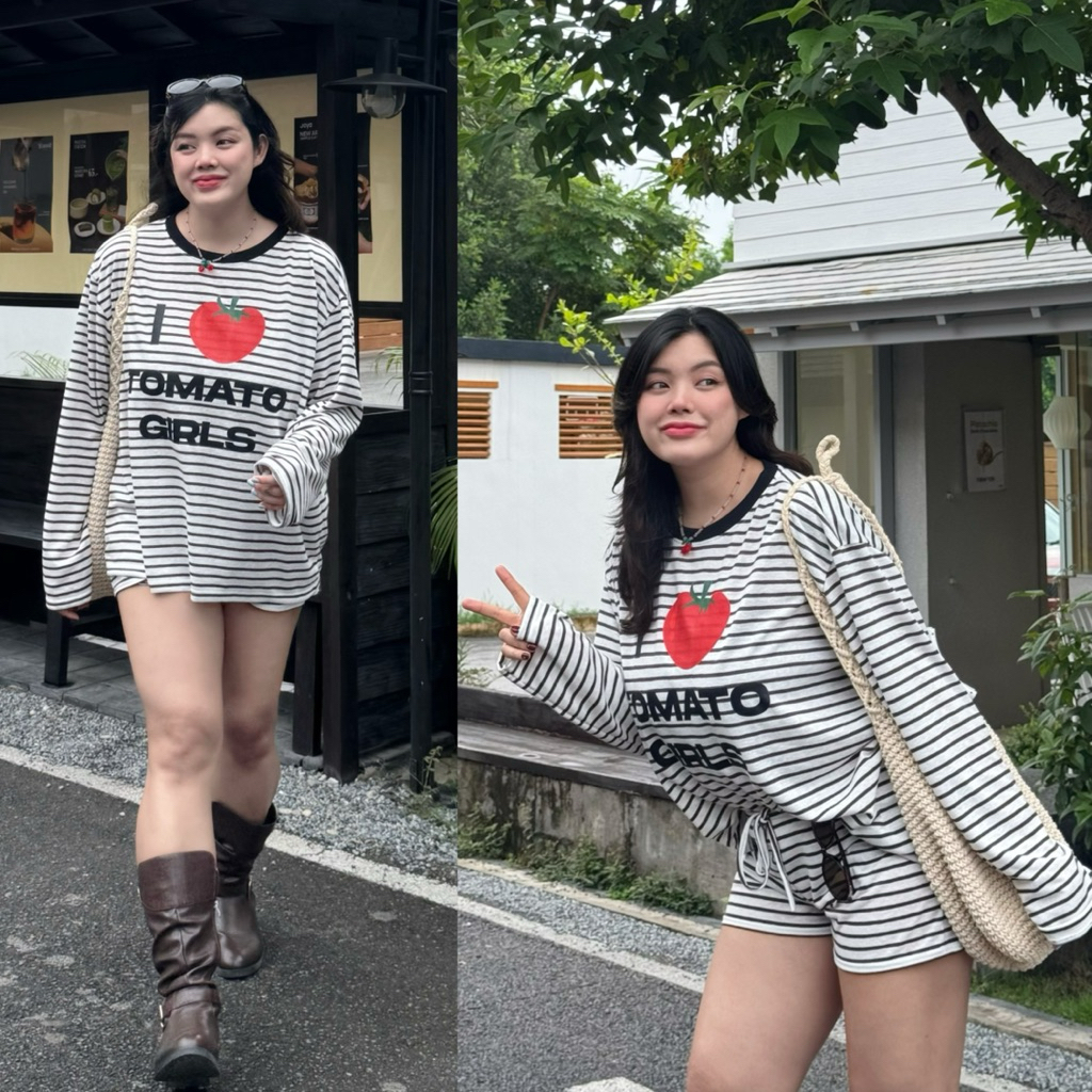 SS Stripe Set เซ็ตเสื้อแขนยาวโอเวอร์ไซส์ + กางเกงขาสั้นลายทาง ไซส์สาวอวบ