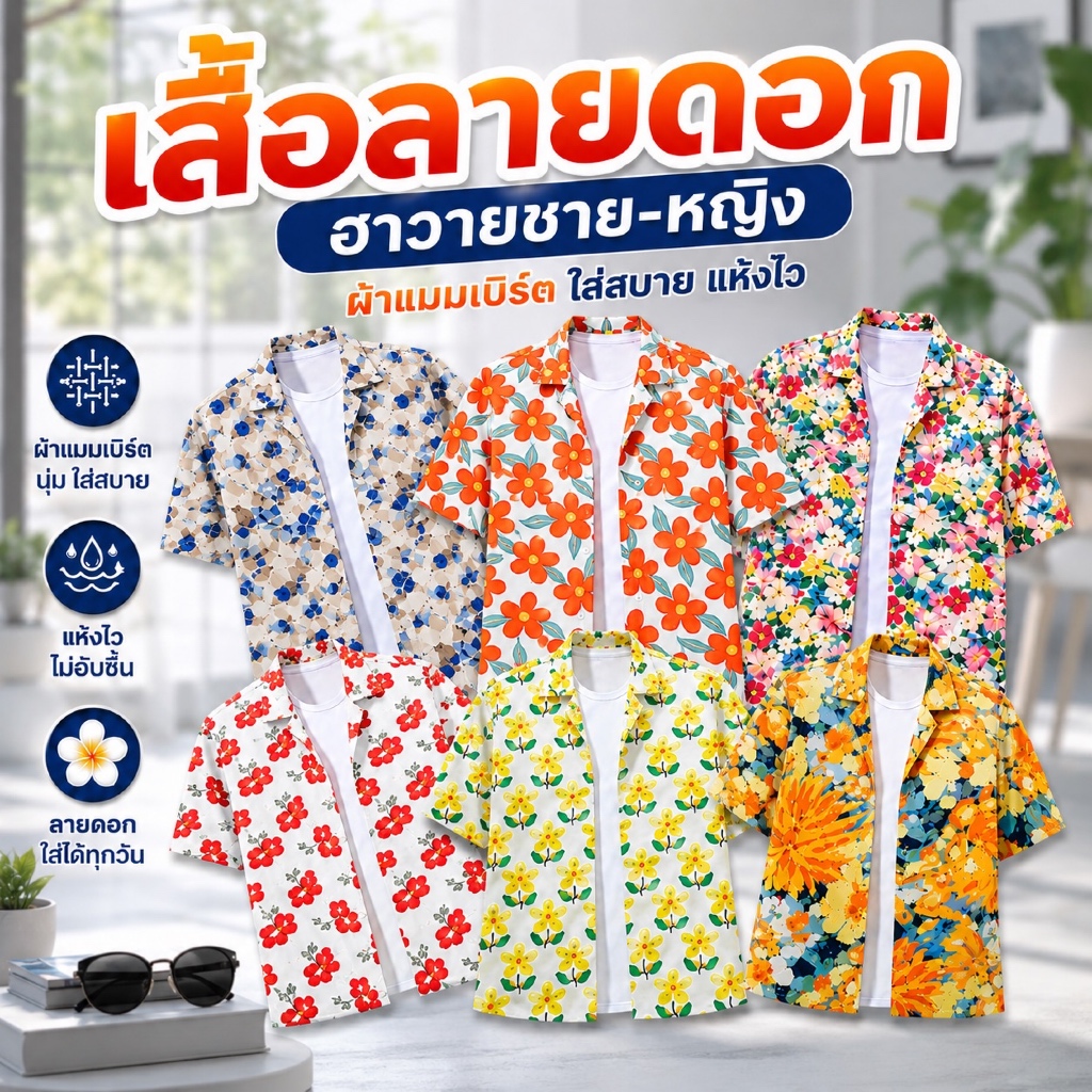 เสื้อลายดอก สงกรานต์ เสื้อฮาวายชาย หญิง ผ้าแมมเบิร์ต ใส่สบาย แห้งไว ลายแฟชั่น หน้าร้อน