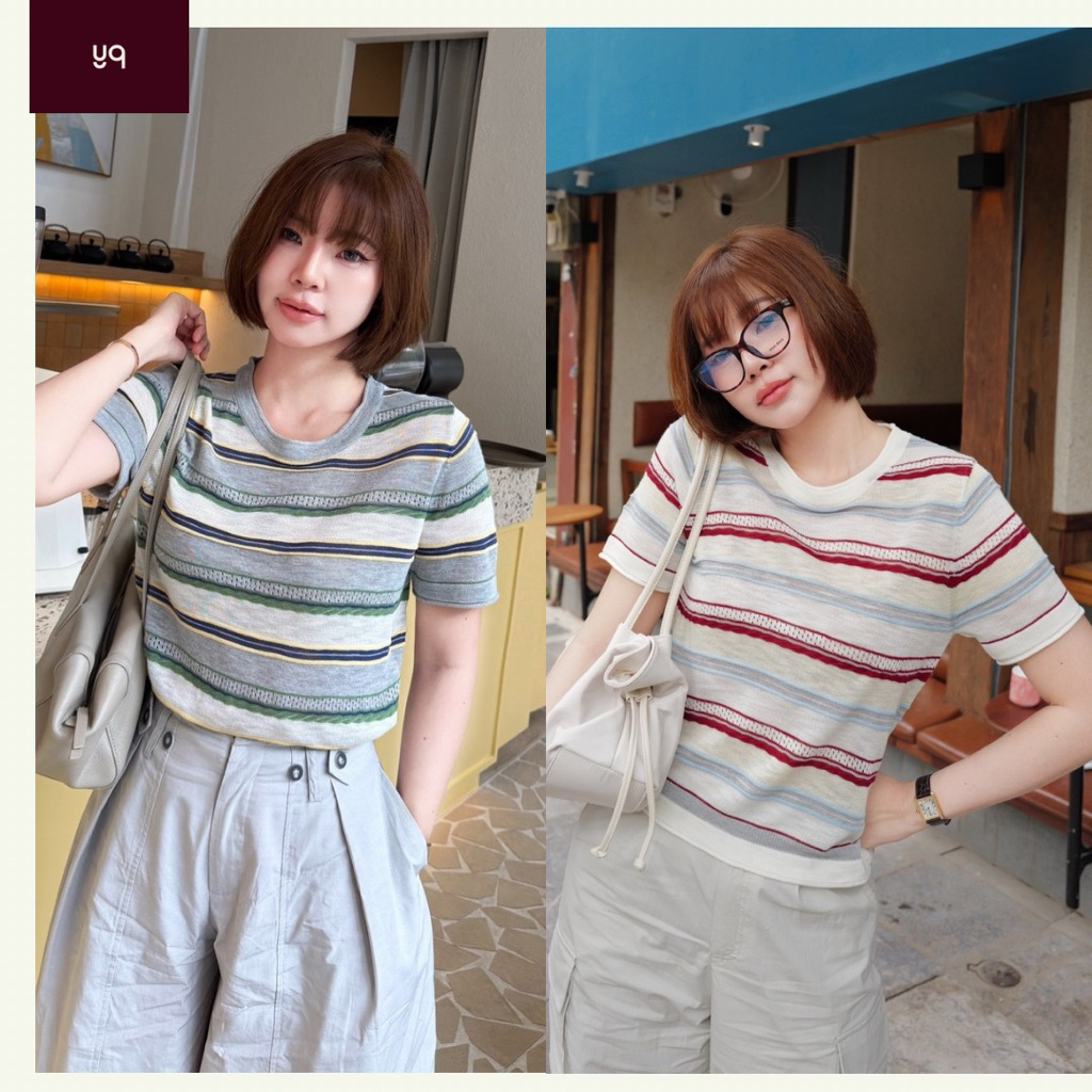 C118 YQ Korean Shop เสื้อคอกลมลายริ้วฉลุทอสีพิเศษ ป้ายYQ