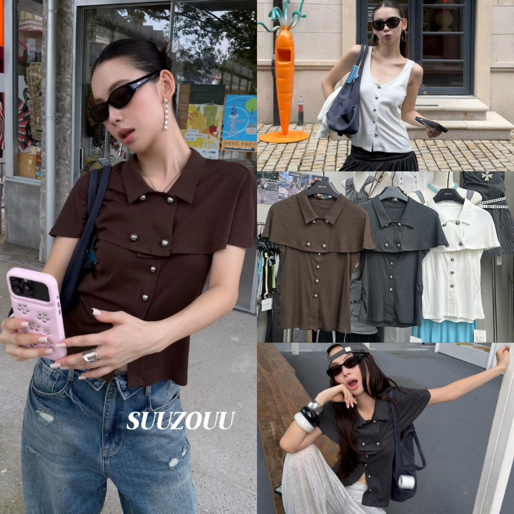 🧵🧡 🇰🇷 SU520 เซ็ท 2 ชิ้น เสื้อสายเดี่ยวแต่งกระดุม มาพร้อมเสื้อคลุมตัวสั้นคอปก แฟชั่นเกาหลี TAG MM Fish ✈