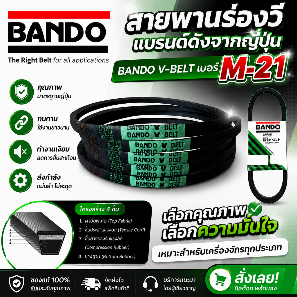 สายพาน M21 BANDO V-BELT สายพานเครื่องจักร ปั๊มลม ปั๊มน้ำ เครื่องซักผ้า จากญี่ปุ่น ของแท้ ทนทาน (สายพ