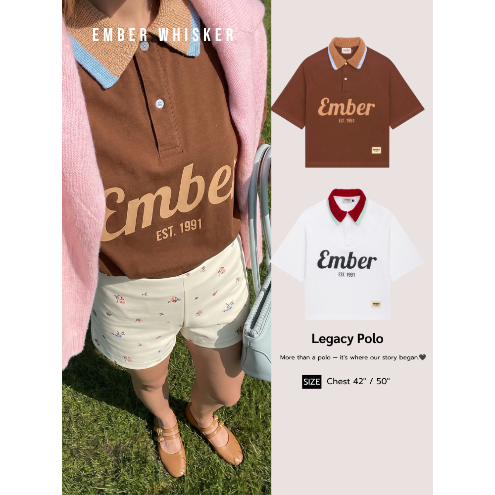 Ember.Whisker Legacy Polo เสื้อโปโล ผู้หญิง ผู้ชาย Unisex Oversize โลโก้ EST.1991 ปกตัดสี เสื้อยืด ข