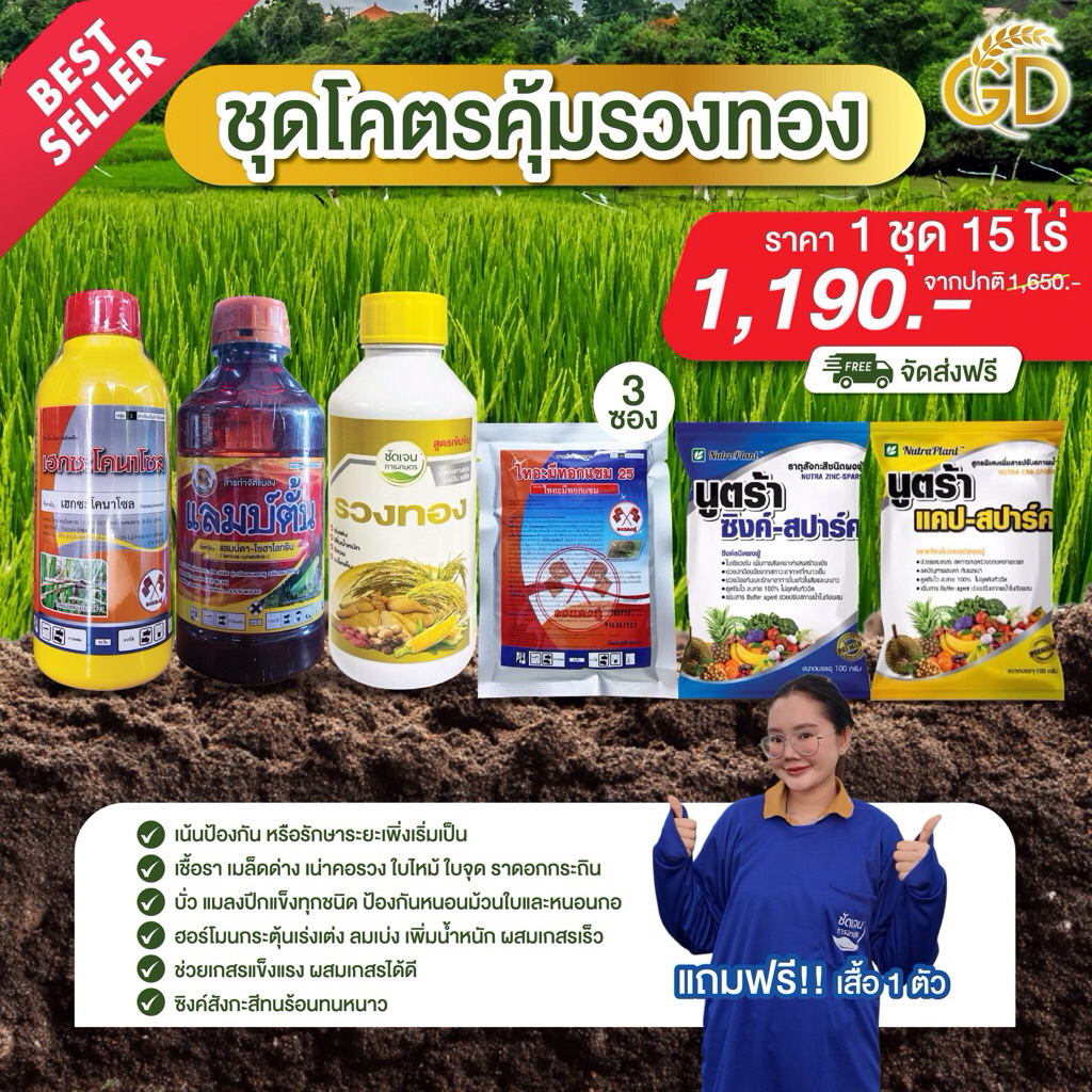 โครตคุ้มรวงทอง(แถมเสื้อ1ตัว) ทั้งป้องกันเชื้อราและหนอน เพลี้ย แมลงทั้งบำรุงต้นข้าวให้แข็งแรงสมบูรณ์ 1ชุด15-20ไร่
