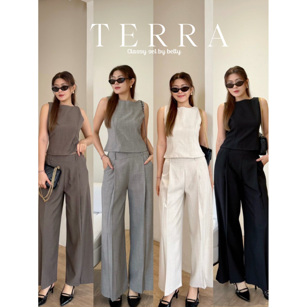 ชุดเซ็ตขายาว เรียบหรู Terra Set🍁🪴  เสื้อครอปแขนกุด งานซิปหลัง ด้านหลังมีเชือกผูกโบเก็บทรง กางเกงขายาวขากระบอกจับจีบหน้า