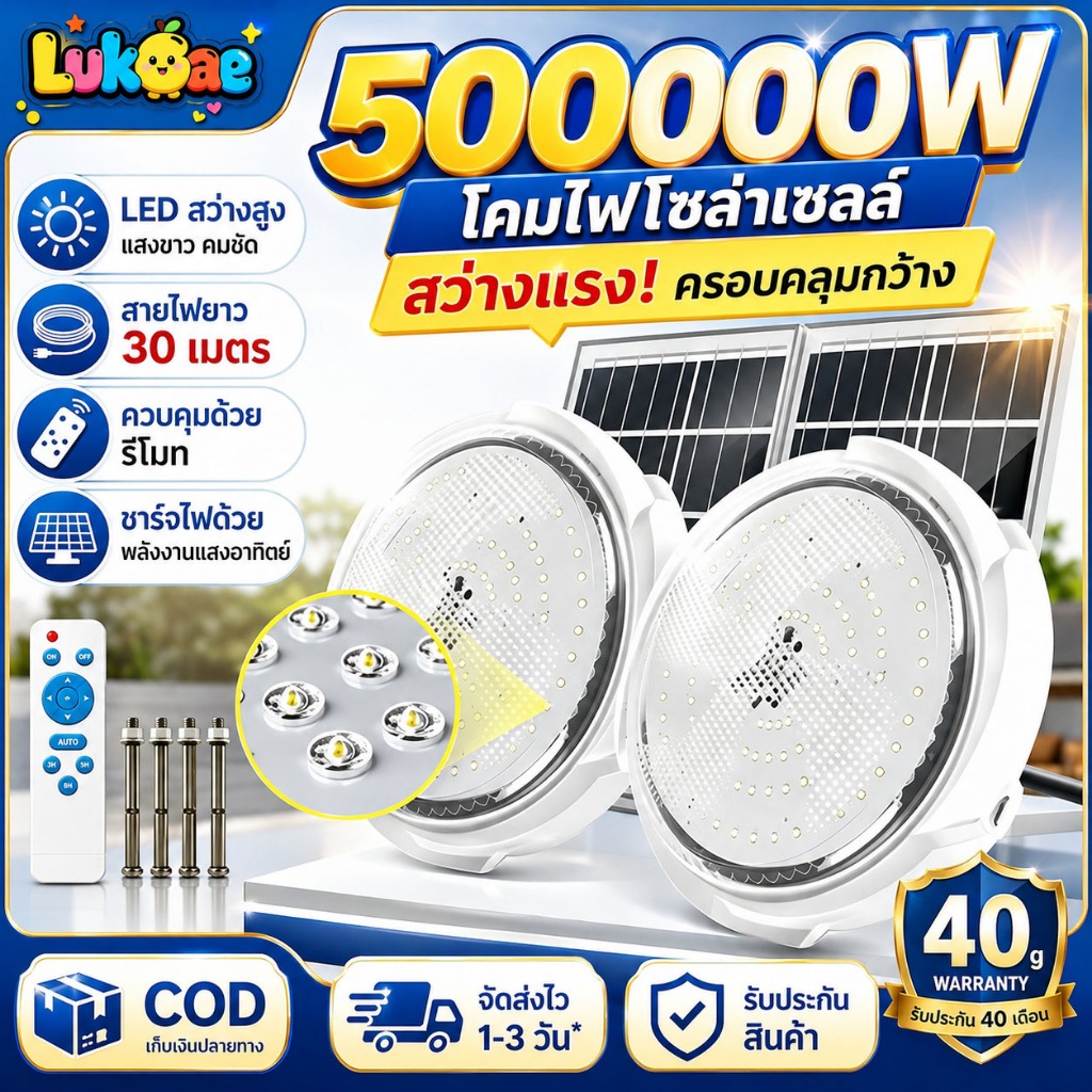 รับประกัน30ปี 50000W ไฟโซล่าเซลล โคมไฟเพดาน แสงวอร์ม/ไฟสีขาว สว่างอัตโนมัติเมื่อฟ้ามืด ชาร์จไฟอัตโนม