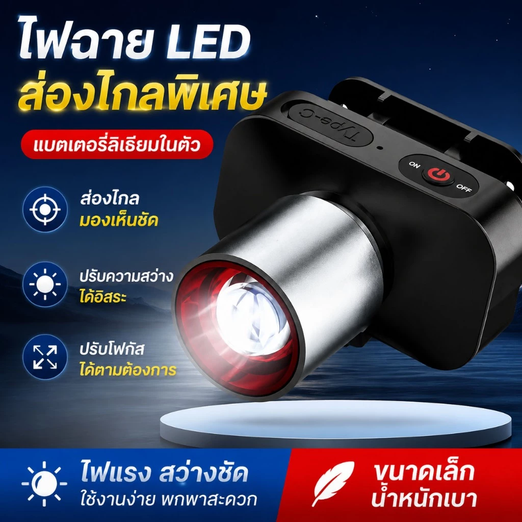 ไฟฉายคาดหัว LED สว่างมาก 250W ซูมได้ ชาร์จ USB-C ใช้งานทน กันน้ำ ราคาคุ้มค่า พร้อมส่งจากไทย
