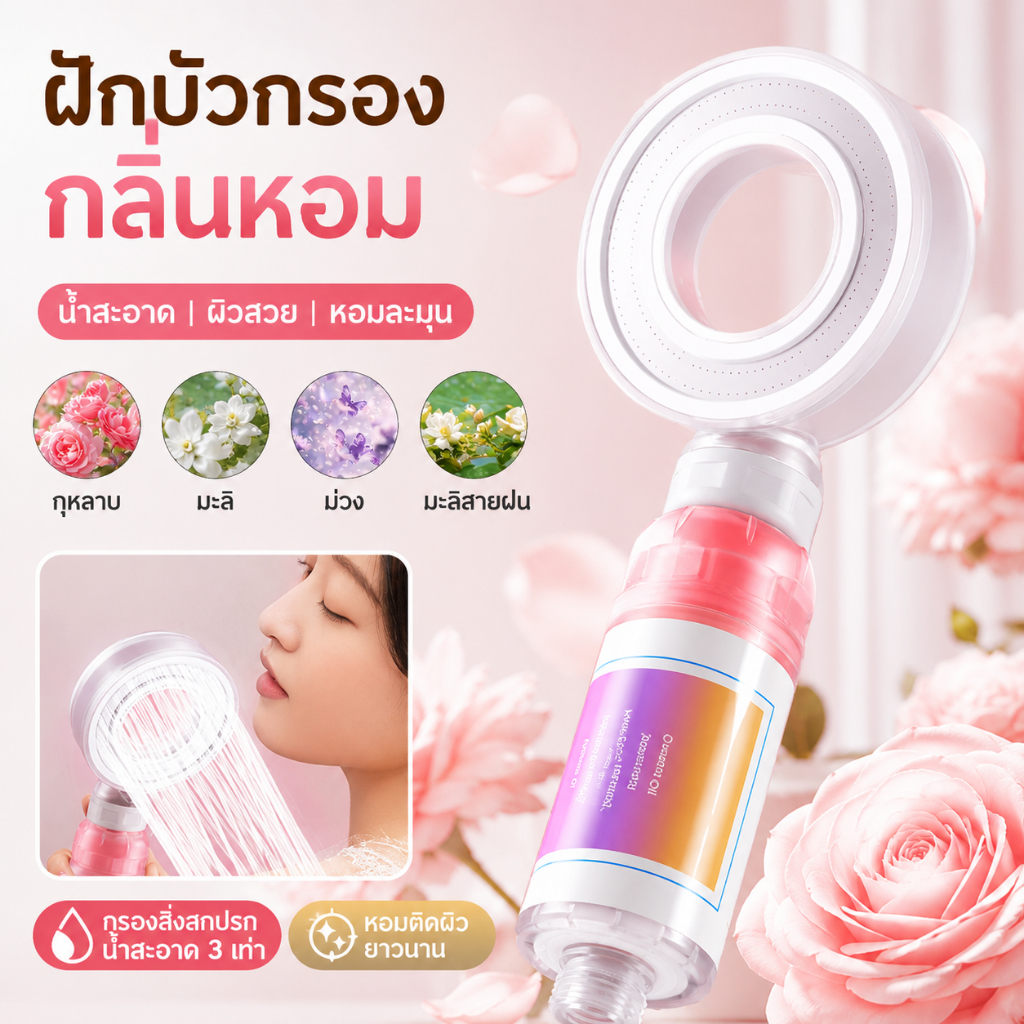 【พร้อมส่ง】HT ฝักบัวหัวกรองน้ำหอม ฝักบัวอาบน้ำแรงดันสูง ผ่อนคลายขณะอาบน้ำ กลิ่นกุหลาบ กรองน้ำบริสุทธิ์ นุ่มนวลต่อผิว