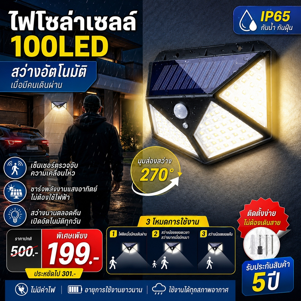 รับประกัน4ปี ไฟติดผนัง Solar light ไฟโซล่าเซลล์ 212 LED เซ็นเซอร์อัจฉริยะ กันน้ำ ป้องกันฟ้าผ่า เซ็นเซอร์เปิด/ปิดอัตโนมั