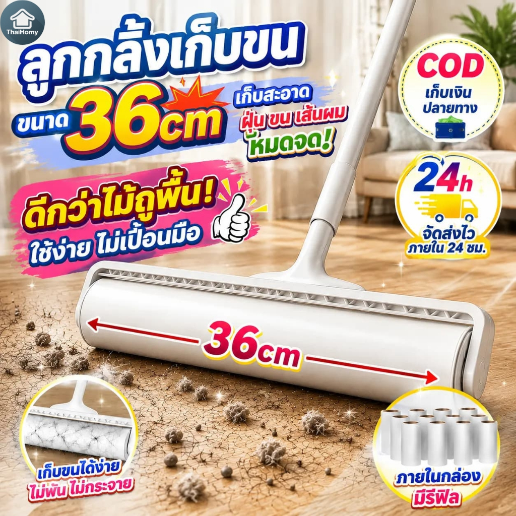 ลูกกลิ้งเก็บขน ขนาด 36cm ไม้ม็อบชุดลูกกลิ้งทำความสะอาด ขนสัตว์เลี้ยง,ฝุ่น,เส้นผม เลือกความยาวด้ามจับได้(มีรีฟิล)