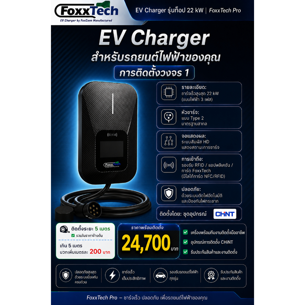 Installation EV charger Foxx Tech 22kW 380V 3Phase (วงจร1)