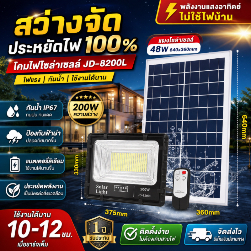 ไฟสปอร์ตไลท์ JD Solar Light รุ่น JD-8200L 200W แสงขาว รุ่นใหม่ SERIES L กันน้ำ IP67