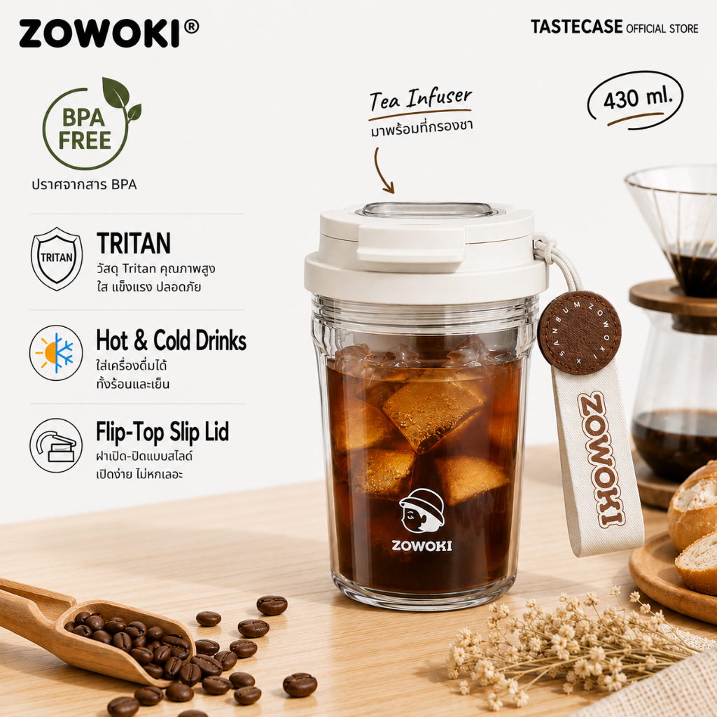 Zowoki KF03-430 กระบอกน้ำ แก้วกาแฟ เกรดพรีเมี่ยม ความจุ 430 ml.