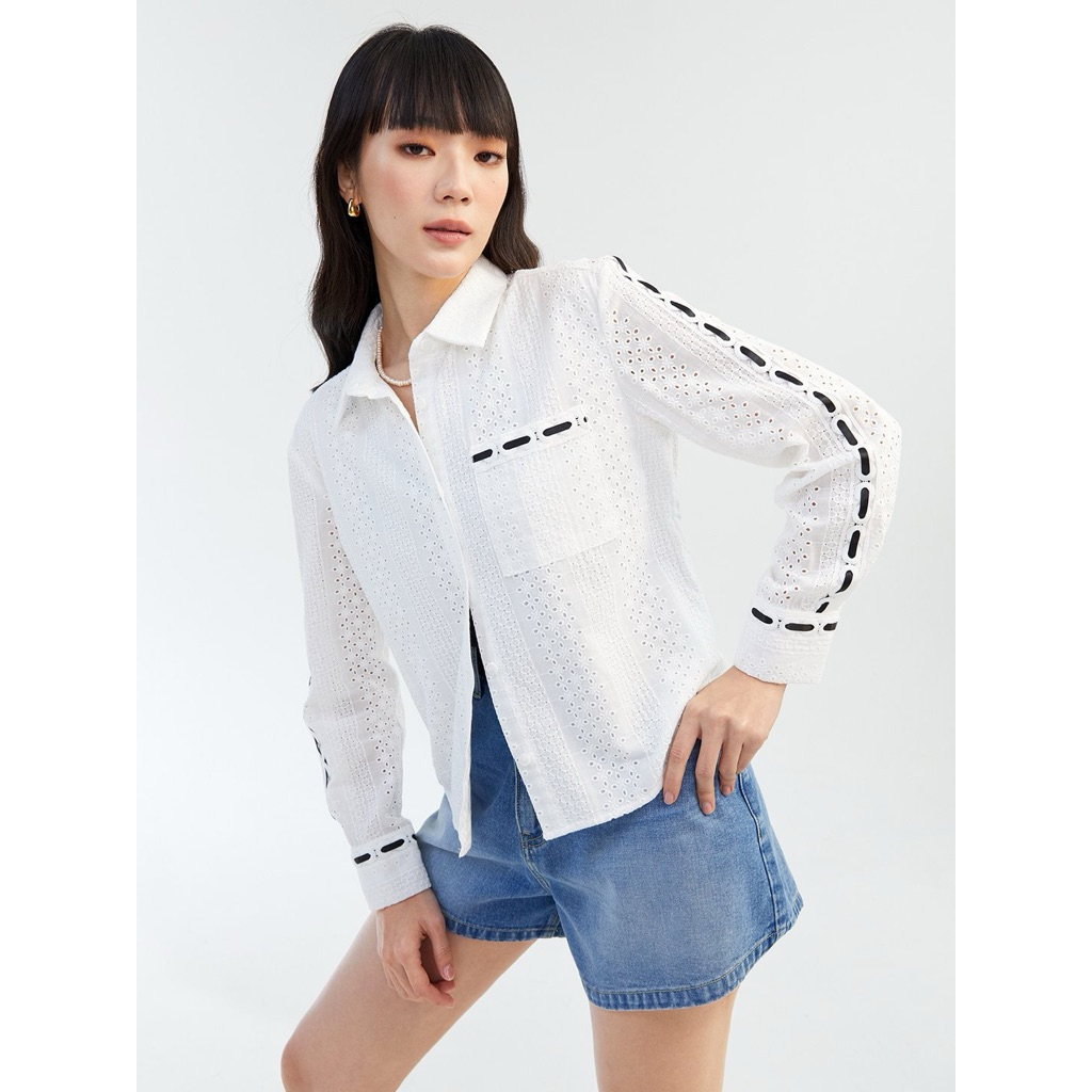 Pomelo เสื้อเชิ้ต แขนยาว ฉลุลาย แต่งริ้บบิ้น แบรนด์ Pomelo