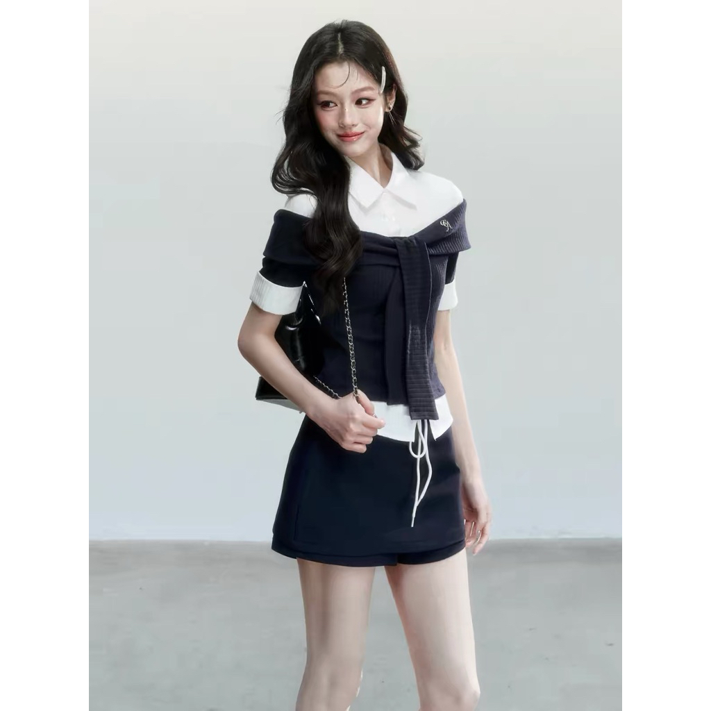 fragile heart - Bailan Manor Faux Two-Piece Tie-Waist Shirt