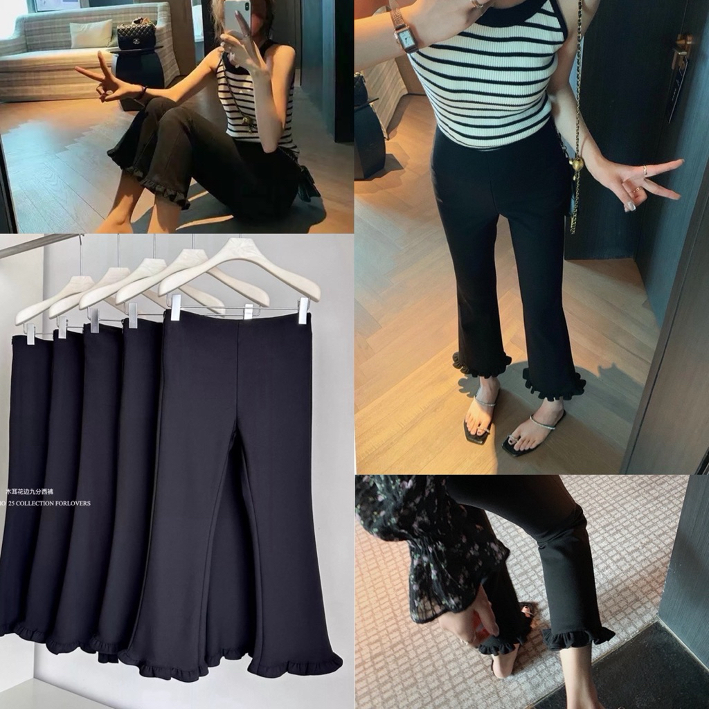 📍พร้อมส่ง📍1339 Frill Capri Pants กางเกงทรงกาปรี้เเบบติดระบายเกร๋ ดีเทลกระเป๋าหลอกด้านหลัง งานผ้าเทพยืดหยุน ซิปซ่อนข้าง