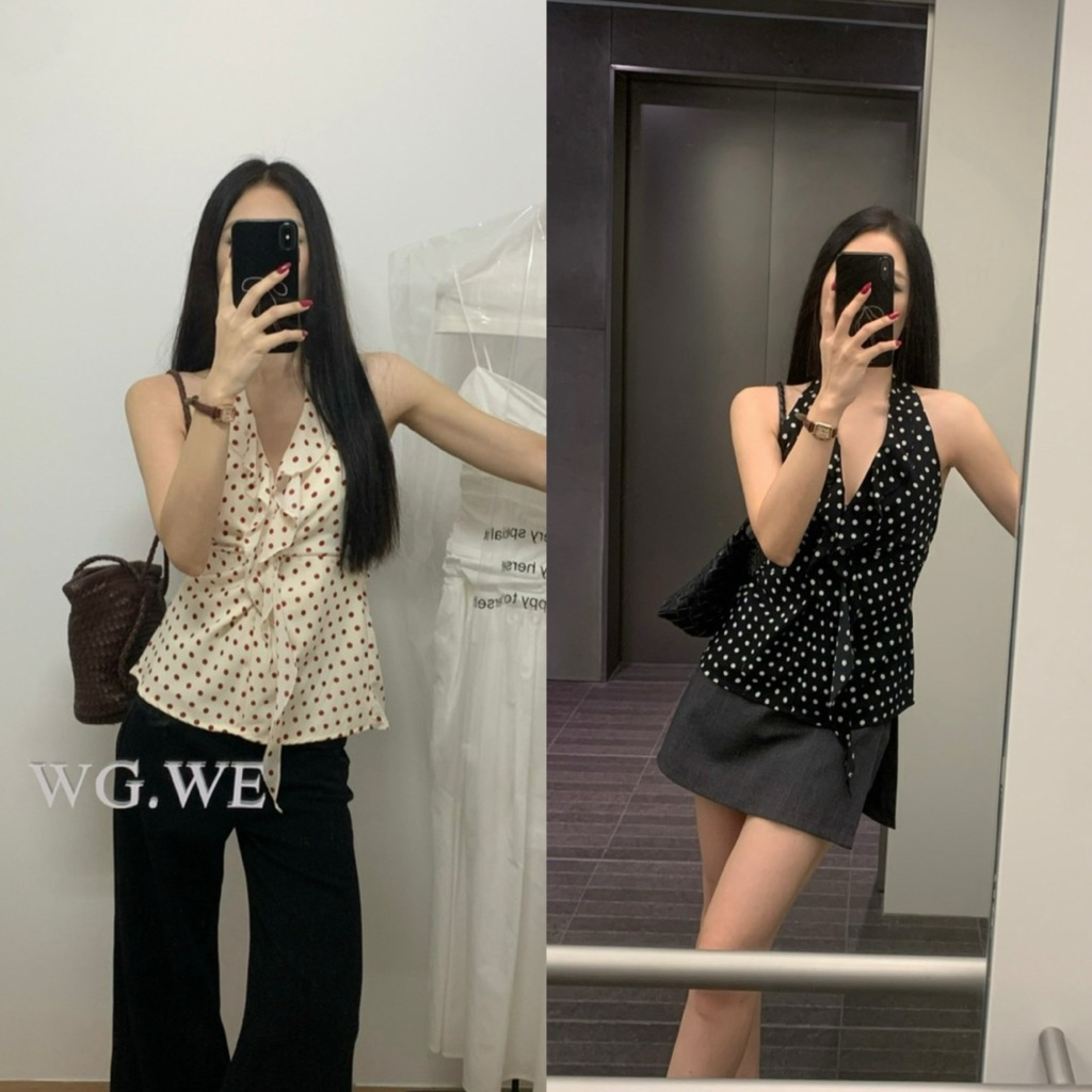 10122# เสื้อคล้องคอ ลาย polka dot หลังสมอค มีเชือกผูกโบว์ด้านหลัง เนื้อผ้าดี งานสวย TAG:WG.WE
