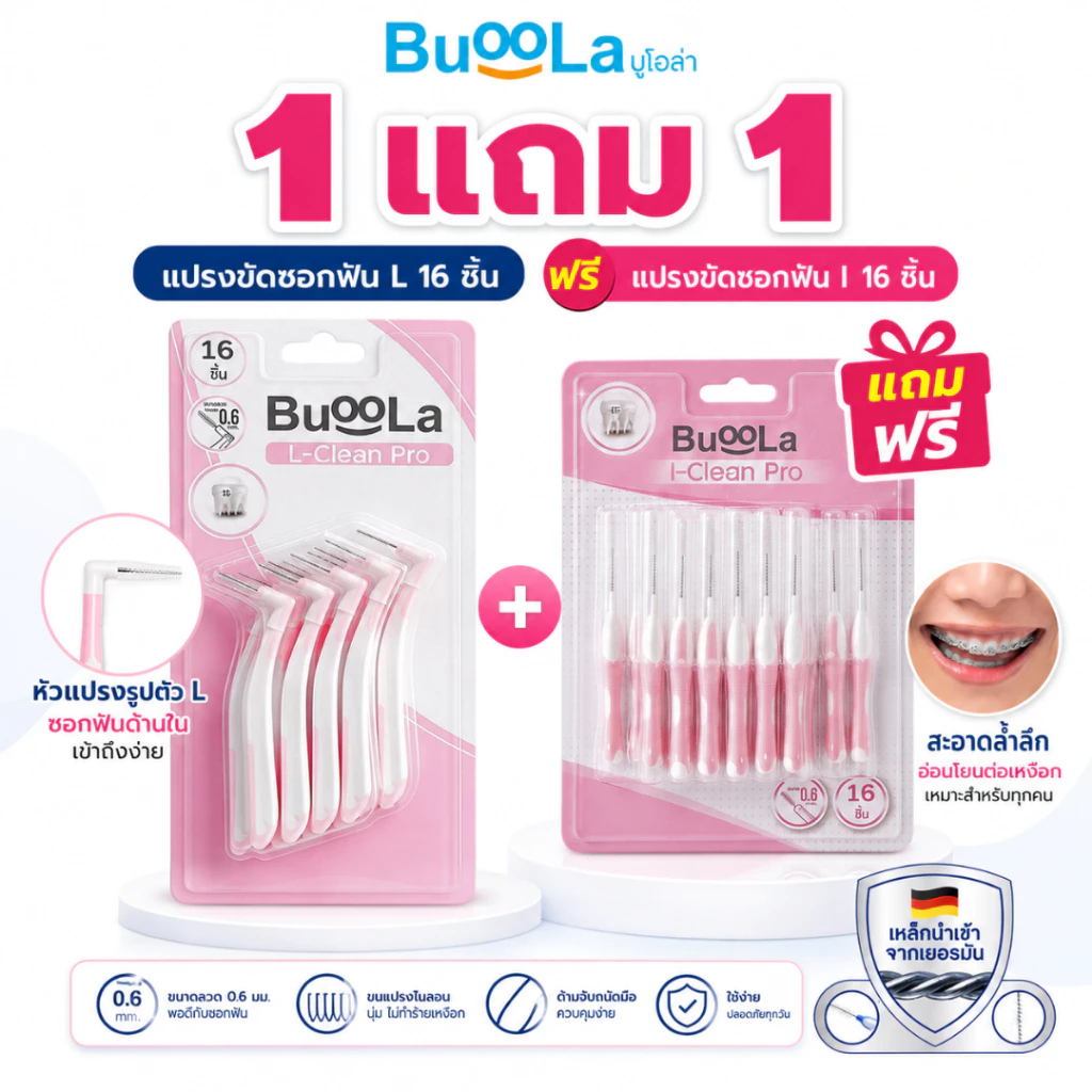 [Buy 1 Free 1] Buoola แปรงขัดซอกฟันหัวตัว i และ ตัว L หัวแปรงขนาด 0.6 mm จำนวน 16 ชิ้น