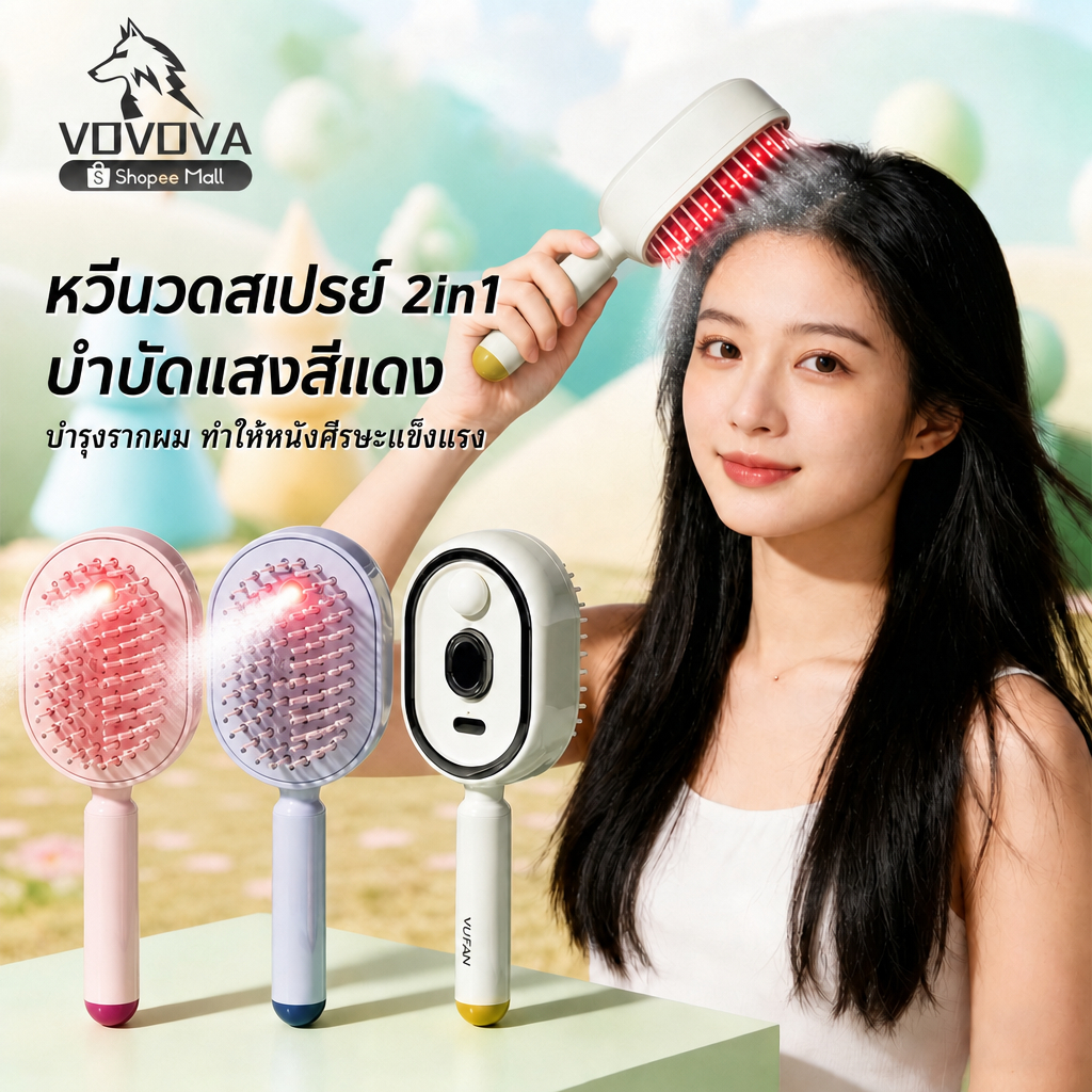 VOVOVA หวีนวดสเปรย์ หวีสเปรย์ไฟฟ้านวดศีรษะ แสงสีแดง บำรุงรากผม ลดผมร่วง ผลักเซรั่ม (ส่งจากไทย)
