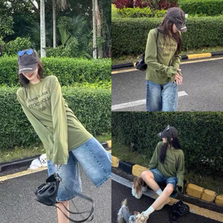 BY IRA Acne Top (2511) โลโก้ตัวอักษรพิมพ์ ฤดูใบไม้ผลิและฤดูใบไม้ร่วงใหม่ผ้าคอตตอน รอบคอแขนยาวหลักฐานเสื้อยืด