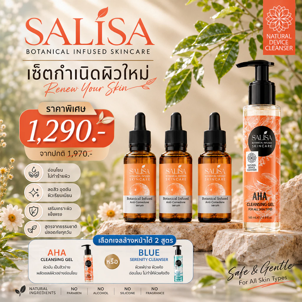 Salisa Botanical Infused Anti-Comedone Serum 30 มล.(3ขวด) + SALISA AHA CLEANSING GEL ขนาด 145 มล.