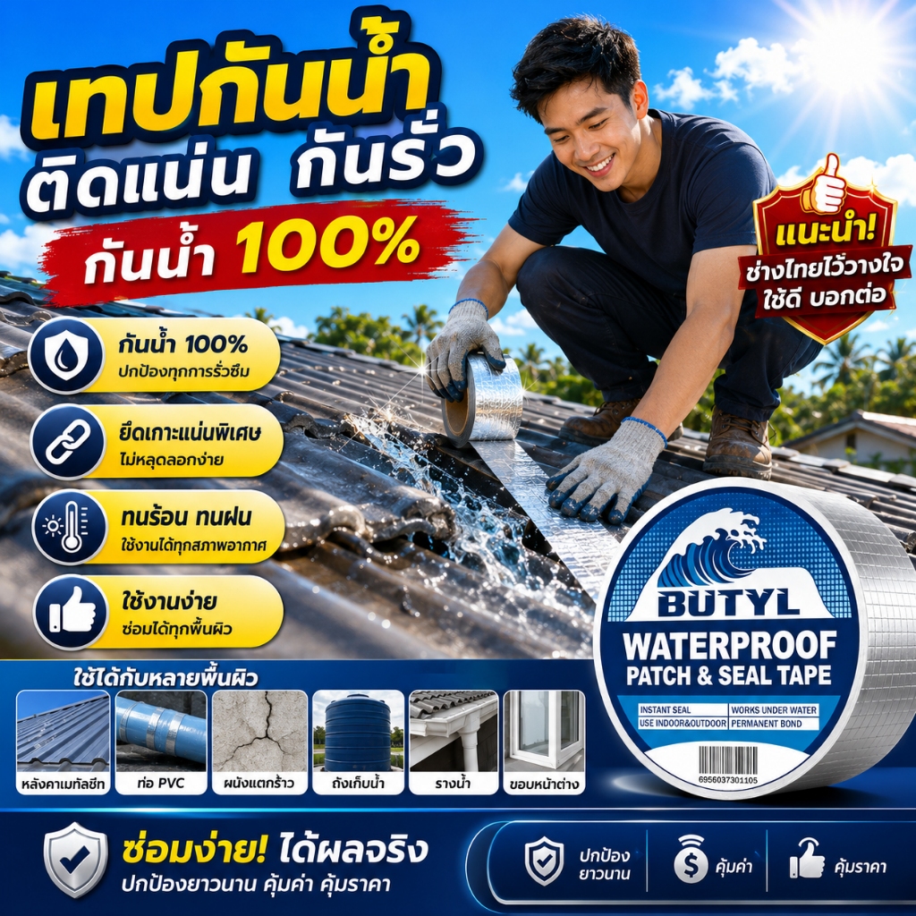 เทปกาวบิวทิล เทปกาวกันน้ํารั่วซึม  เทปอลูมิเนียม เทปกาวอเนกประสงค์ 5m pvc หลังคา จัดส่งภายใน 24 ชั่วโมง 🚚