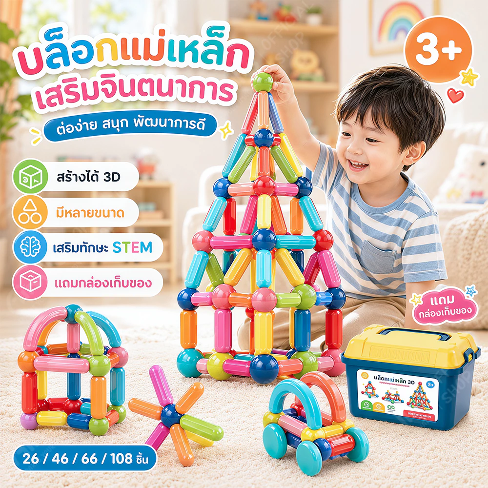 108ชิ้น บล็อคตัวต่อแม่เหล็ก เด็กแม่เหล็กเบสบอลบล็อก เกมสมอง DIY ของเล่นเสริมพัฒนาการเด็ก ของเล่นเด็ก 1-3ขวบ